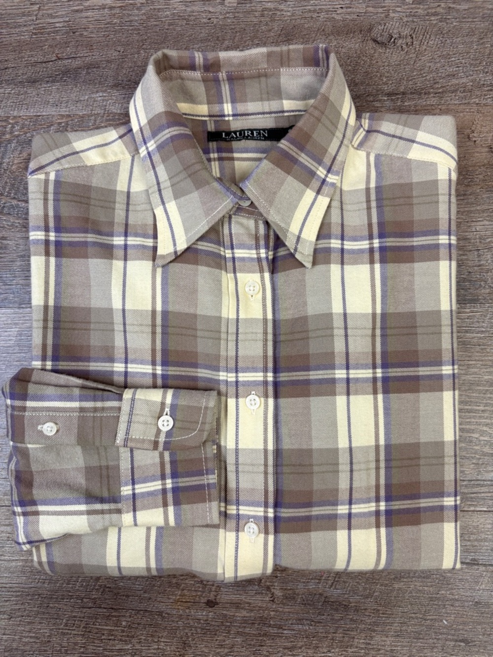 Lauren Ralph Lauren Plaid Button Front Shirt Women’s Size Small Neutral Tones